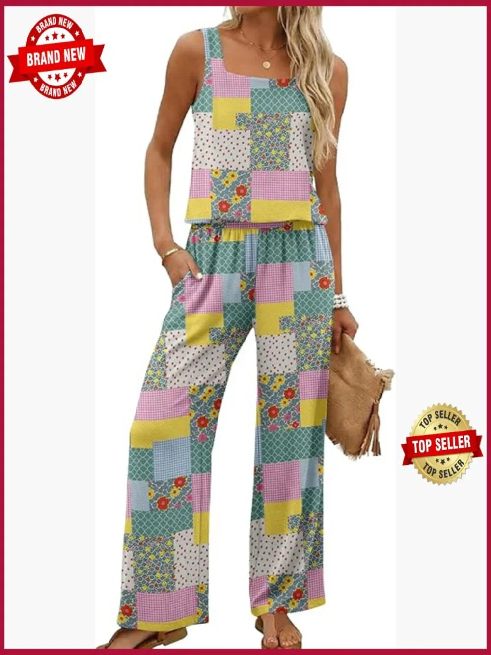 Square Neck Sleeveless Crop Top & Wide Leg Pants Set